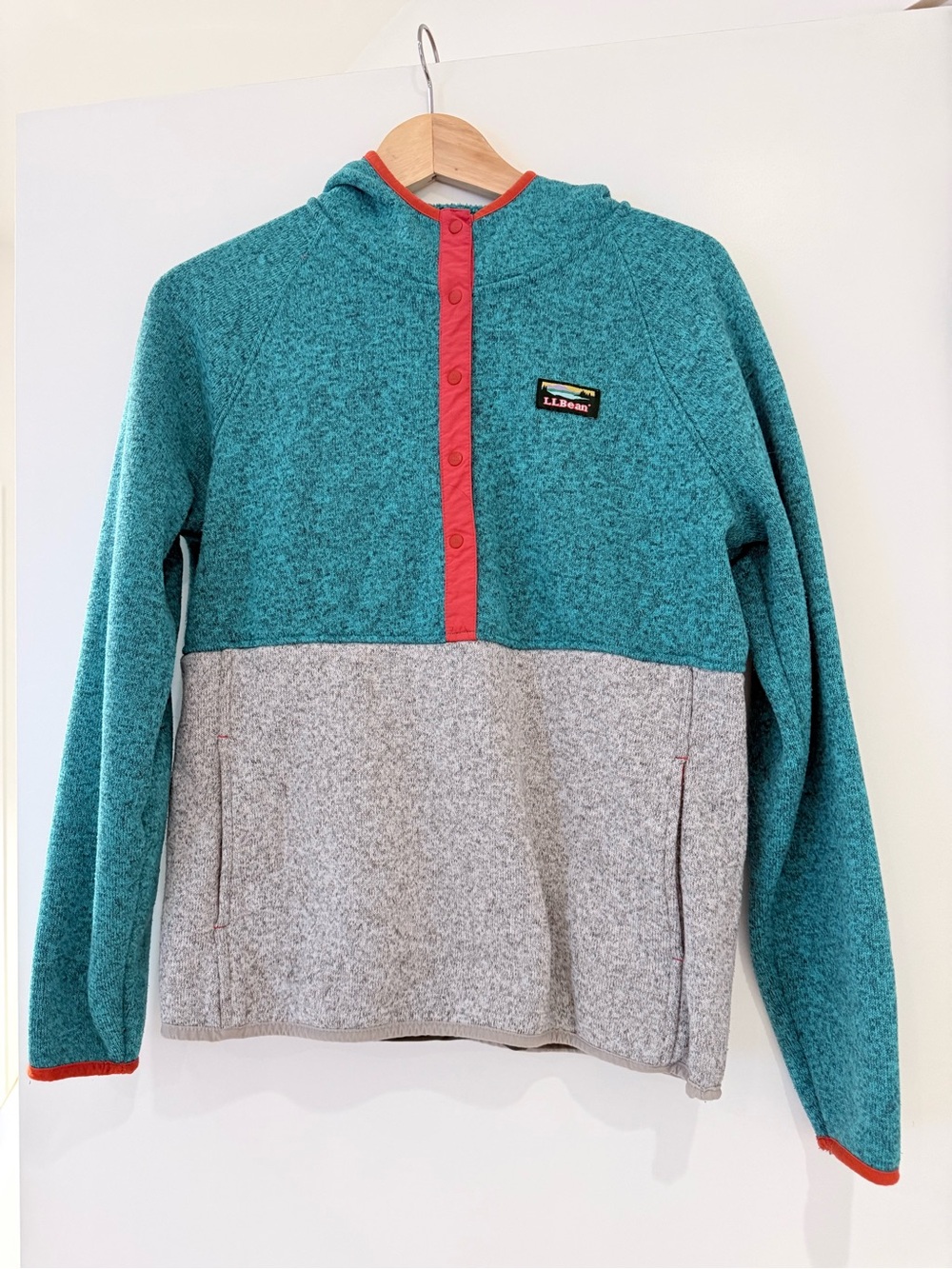 L.L. Bean Teal and Heather Gray Snap-Front Fleece Pullover Hoodie Coral Trim
